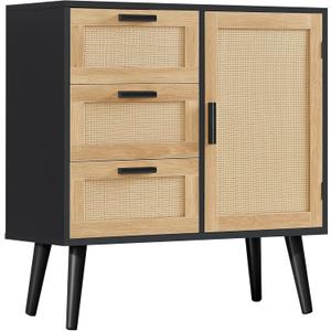 Iwell Storage Cabinet with Rattan Door & 3 Drawers, Rattan Cabinet with Adjustable Shelf, Sideboard Buffet Cabinets with Storage, Entryway Cabinets, for Living Room, Dining Room, Entryway, Black