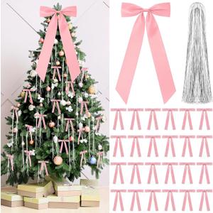 Shihanee Pink Christmas Bows Decor Set 1 Large Satin Christmas Tree Topper 24 Vintage Velvet Ribbon Bows with 3000 Strands Silver Tinsel Icicles Elegant Xmas Ornament for Holiday Wreath Gift Wrapping