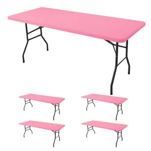 Fitted Tablecloth for 6 Foot Rectangle Tables-4 Pack Pink Elastic Outdoor Picnic Table Cover-Spandex Stretch Folding Table Cloths 6 ft for Camping Dining Room Patio Kitchen Banquet Party