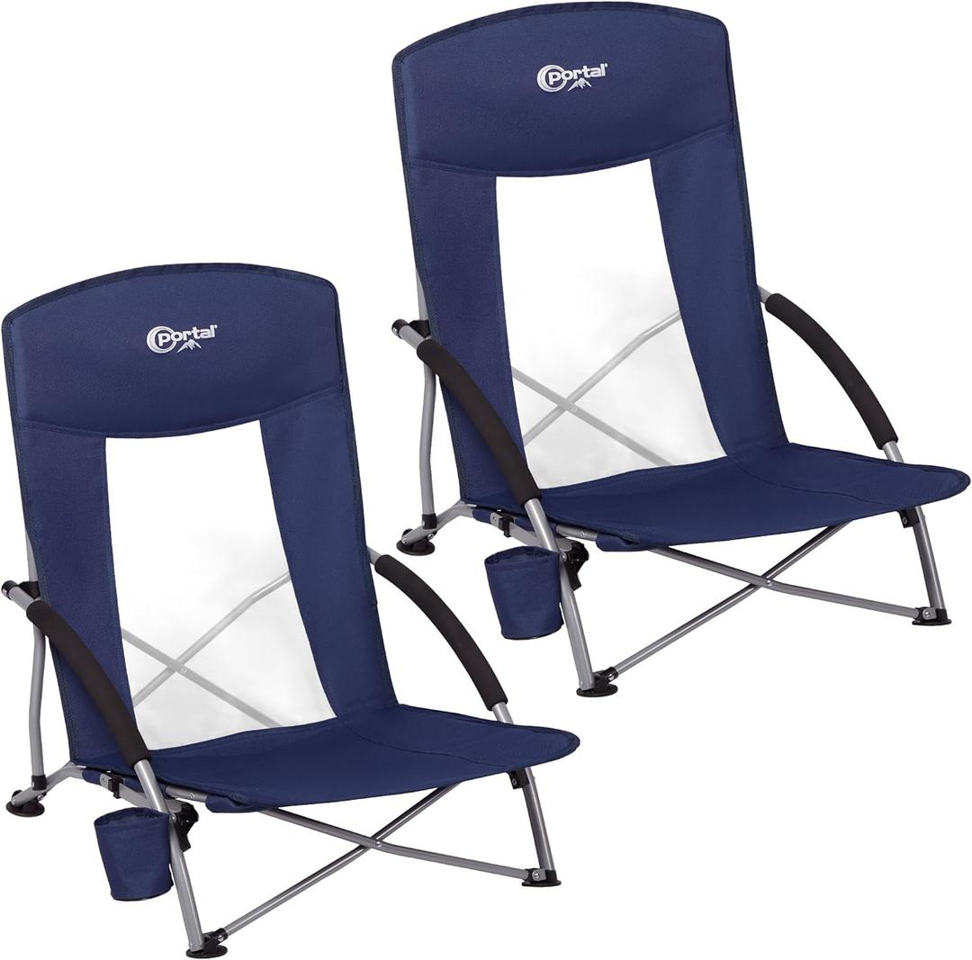 Portal Beach Chairs for Adults 2 Pack High Back Low Folding Camping Chair Portable Lightweight with Cup Holder for Travel, Concert, Lawn, Festival, Support 400lbs, Blue