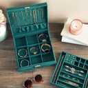 Juvale Velvet Jewelry Box Organizer - 10.5 x 10.5 x 3.5 in, Green - Lockable 2-Tier Travel Jewelry Case & Earring Storage - Removable Tray & Built-In Necklace Organizer