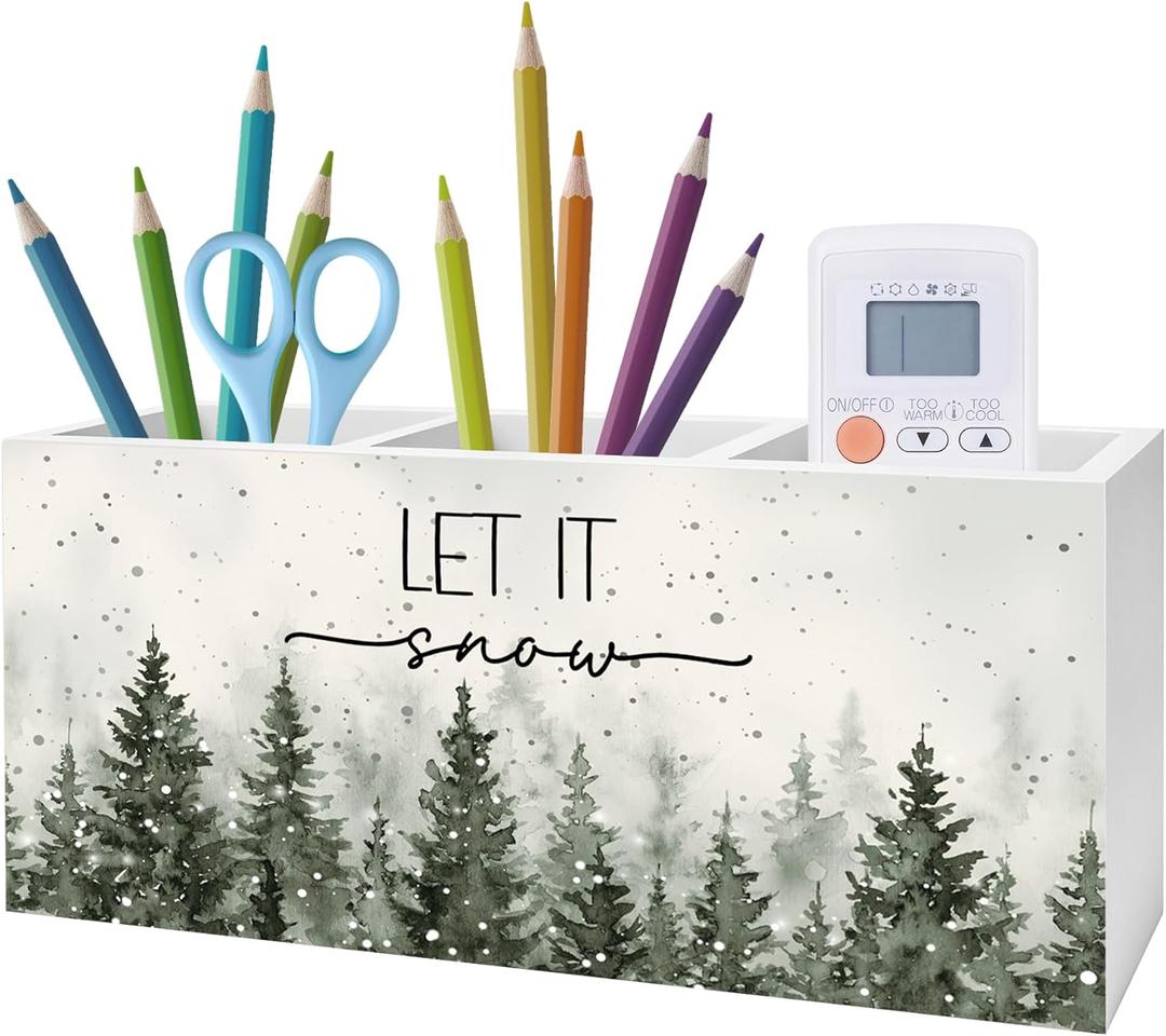 Let It Snow Christmas Pen Pencil Holder for Desk, Winter Office Decor, Christmas Winter Forest Pine Tree Wooden Box Block Sign for Home Office Desk Tabletop Decoration