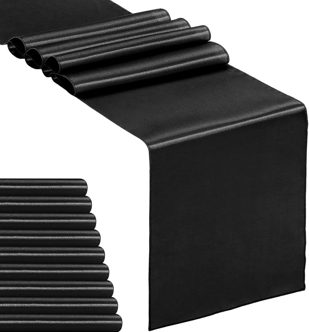 10-Pack Satin Table Runner Black 12 x 108 inches Long, Table Runners for Wedding, Birthday Parties, Banquets Decorations 10 Pack, 12x108 Inch, Black