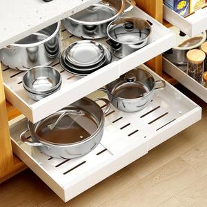 2Pack Expandable Pull Out Cabinet Organizer 21" Deep - Sliding Drawer Organizer Roll Out Shelves Adhesive - Adjustable Width 12.2"-20.47" W (White)