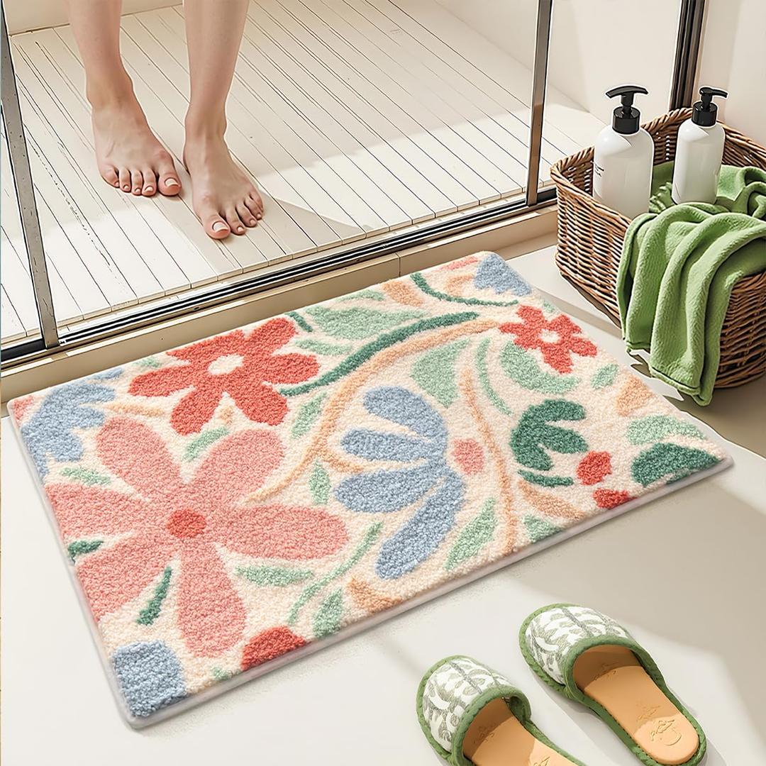Floral Bathroom Mat Super Absorbent Non Slip Bath Tub Mat Machine Wash Non Slip Cozy Rug for Shower, Living Room and Balcony (31"x20", Pink Flower Bush)