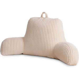 A Nice Night Reading Pillow Bed Wedge Large Adult Children Backrest with Arms Back Support for Sitting Up in Bed/Couch for Lounging Bedrest,Waffle Stereoscopic Design,Ivory