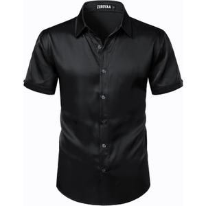 ZEROYAA Men's Hipster Shiny Silk Satin Shirt Regular Fit Short Sleeve Casual Button Down Dress Shirts for Summer Party (Medium, Black)