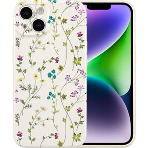 RALEAVO Floral Case for iPhone 15, Flower Branch Pattern Design Cute Cover Case for Girls Women Slim Thin Soft Silicone Shockproof Anti-Slip Phone Case for iPhone 15 (6.1"),Beige