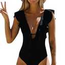 SPORLIKE Women One Piece Swimsuit V-Neck Ruffle Bathing Suit Padded Monokini(Black, Large)