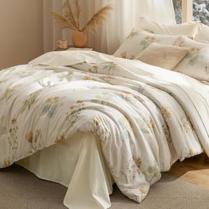 Bedsure Bed in a Bag Queen Size 7 Pieces - 100% Cotton Sheet and Polyester Bedding Comforter Sets, Soft Cute Floral Bed Set with Botanical Flowers Comforter, Cotton Sheets, Pillowcases & Shams, Beige