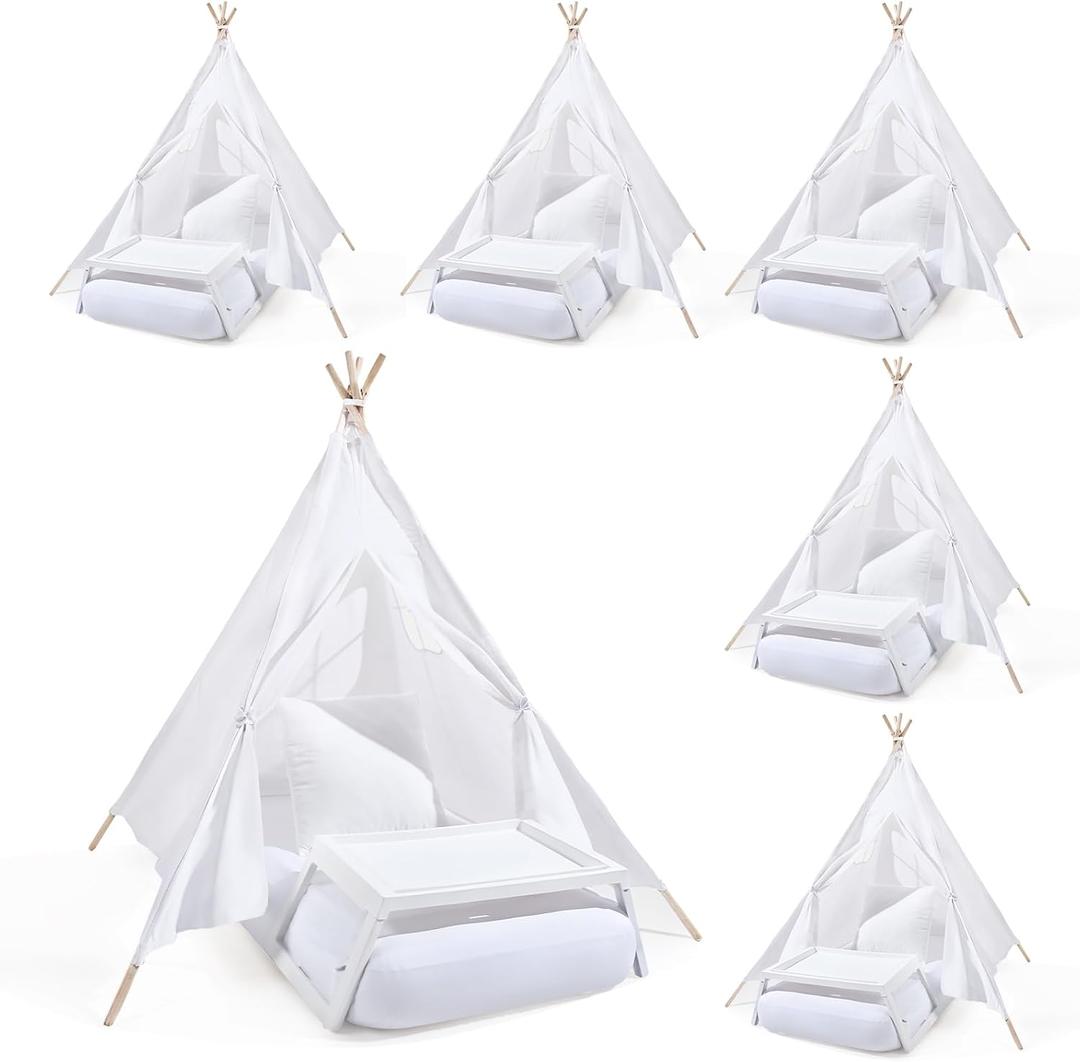6 Sets Teepee Tent with Inflatable Airbed, Bed Tray Table, Fitted Sheet and Pillow Insert Play Tent for Indoor Outdoor Slumber Sleepover Party