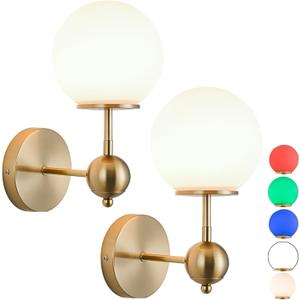 Retro Style Battery Operated Wall Sconces Set Of 2,Glass Lampshade Wall Lamp With Remote Control,Rechargeable LED Wall Light Fixtures Non Hardwire Design. (With Bulbs+remote Control+charging Cable)(Go (Gold)