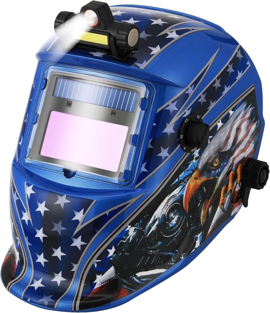 WR01A Welding Helmet Auto Darkening with LED Light True Color Solar Powered Welder Hood with Adjustable Shade Range 4/9-13 for Mig Tig Arc Welding Mask (Blue Eagle I)