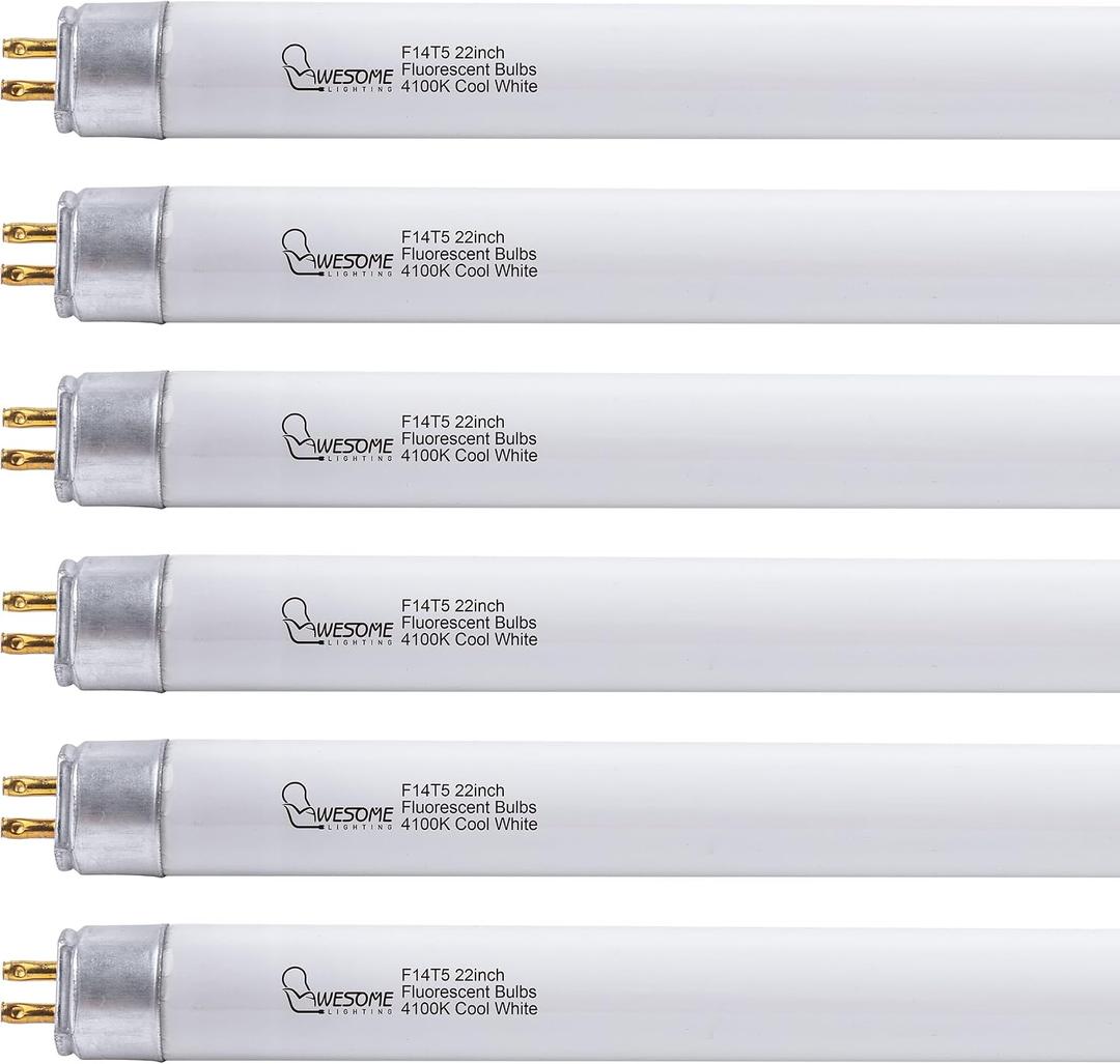 22 Inch F14T5/CW Fluorescent Light Bulb, 4100K Cool White, T5 14 Watt Fluorescent Replacement Bulb for Counter and Cabinet Fixture, G5 Base, 6 Pack