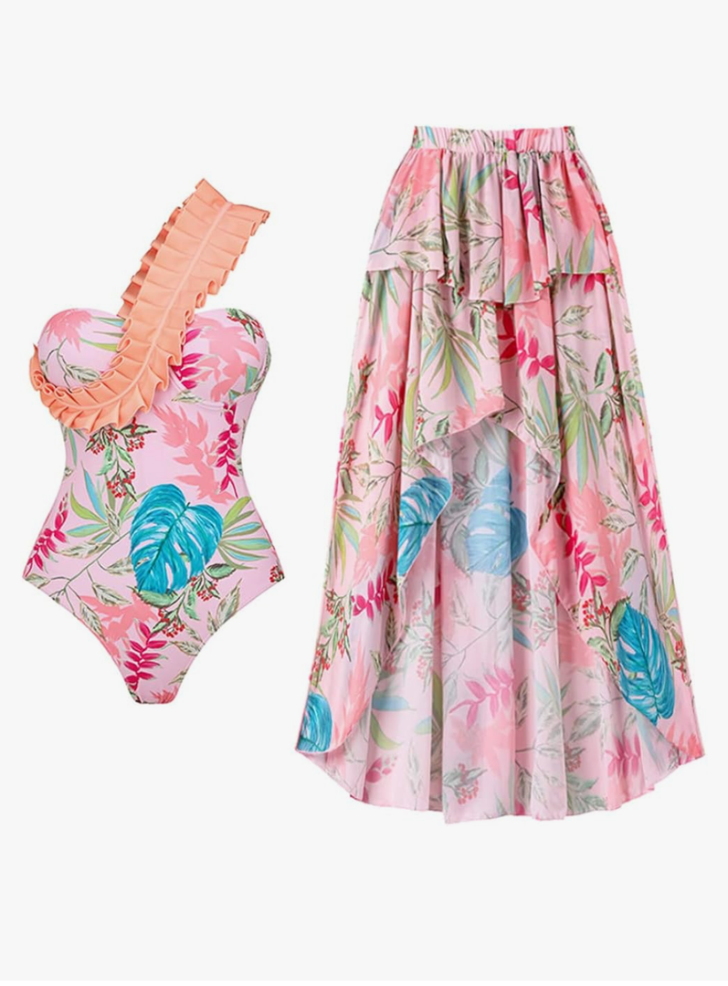 Women's One Piece Swimsuit with Cover up Wrap Skirt Floral Sarong Tummy Control Beach Bikini Set Bathing Suit, L