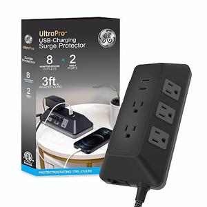 GE UltraPro Adapt 8-Outlet Surge Protector with USB Ports, 2 USB-A Ports, 2.4A, 3ft Braided Cord Power Strip Surge Protector, 1780 Joules, Black, 73776
