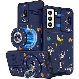 Buleens for Samsung Galaxy S22 Case - with Ring Stand & Camera Cover Aesthetic Cute Designed for Women Girls Cartoon Space Astronaut Design for Galaxy S22 Phone Case Compatible with Magsafe 6.1"