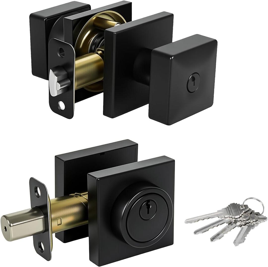Square Black Door Knob and Deadbolt Lock,Single Cylinder Deadbolt Lock and Door Knob Set, Keyed Alike Eexterior Door Locks for Front Door (Matte Black,1PACK)