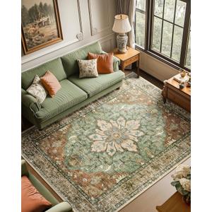 Area Rugs 6'x9' Washable Non-Slip, Floral Vintage Distress Print Pattern Medallion Carpet for Living Room Bedroom Dining Room, Brick Red Rust Neutral Brown Burnt Orange Green