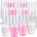 100 Sets Pink Bow Cups 12 oz Coquette Plastic Cups with Lids and Straws Disposable Bow Theme Birthday Decoration for Baby and Bridal Bachelorette Wedding Party Supplies