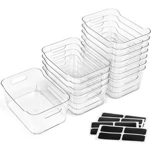 12 PACK Multiuse Clear Plastic Storage Bins for Organizing w/ Labels - Home, Kitchen, Bathroom, Office, Pantry Cabinet Shelf Organizer Bins - SOHO Collection, RV, Fridge Organization Containers (Medium)