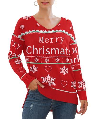Jouica Christmas Sweaters for Women 2025 Causal Lightweight Long Sleeve Hollow Out Sweater V Neck Cable Knit Pullover Jumper Fall Outfits for Women, Christmas Words Misspelled on Sweater, Medium