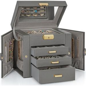 AKOZLIN 4-Tier Jewelry Box Leather Jewelry Storage Organizer with 3 Drawers Lockable for Women Girls Ring Necklace Earring Bracelet Holder with Mirror Dark Grey (Regular-4 Layer)
