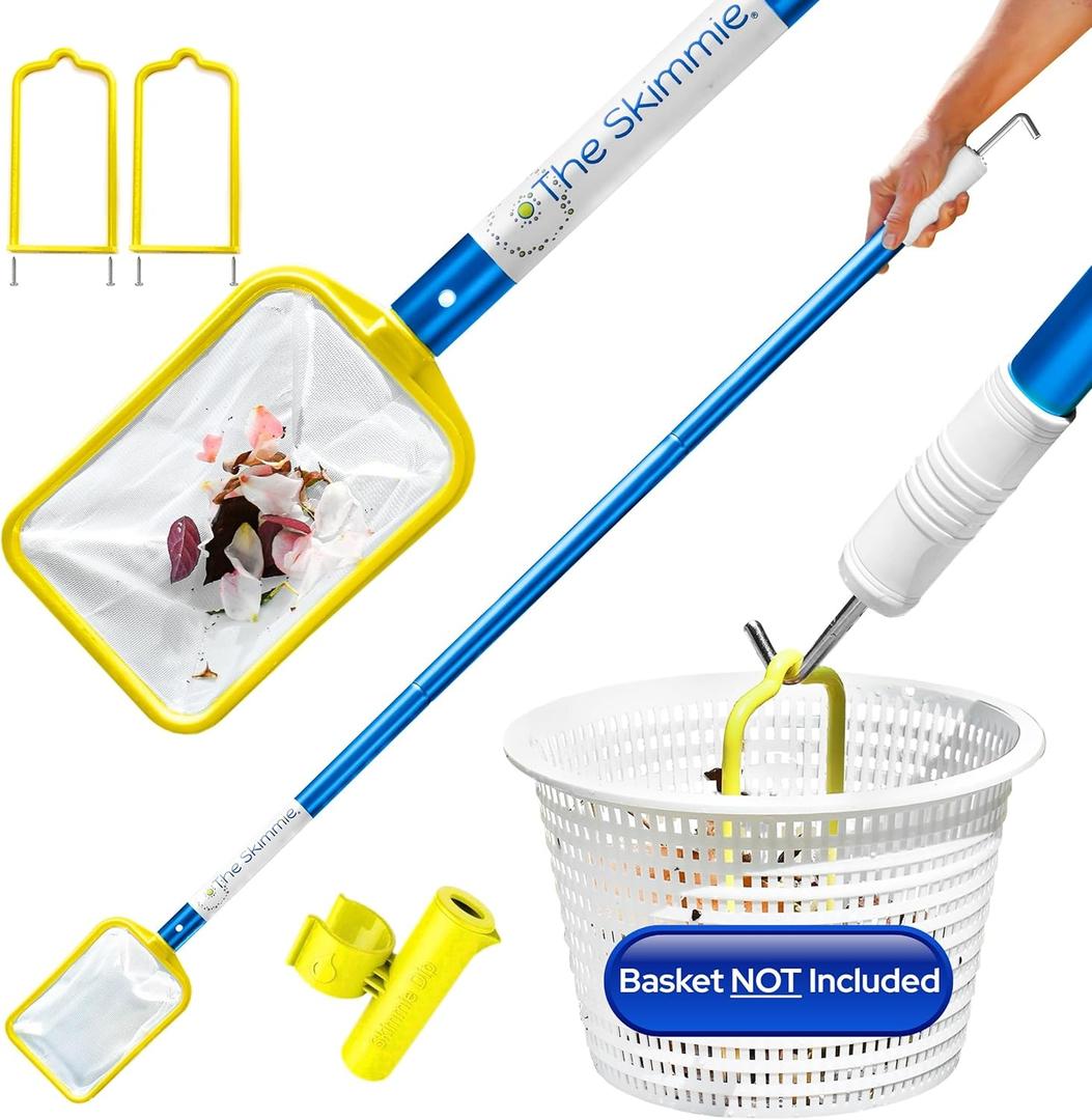 The Skimmie (Long Version) Pool Skimmer Net & Pole 53" with Stainless Steel Hook, Two Skimmer Basket Handles, Fine Mesh Net & Skimmie Dip - Hands-Free Removal of Debris, Bugs, Frogs, Small, Animals