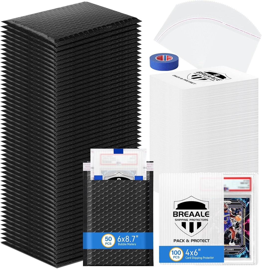 Trading Card Shipping Kit, Includes 100 4'' x 6'' Graded Card Shipping Protectors, 50 6'' x 8.7'' Envelope Bubble Mailers, 20M Painters Tape, 50 Cellophane Bags, PSA BGS CGC Slabs & Raw