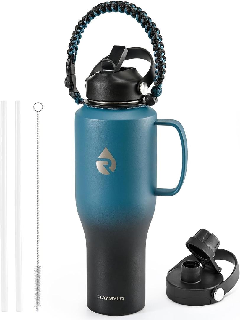 Insulated Water Bottle 40oz (Cold for 48 Hrs), Stainless Steel Water Bottle with Handle & Straw Lid & Paracord Handle, Triple Wall Vacuum Leakproof Travel Flask, Fit in Any Car Cup Holder (Ombre: Indigo/Black)