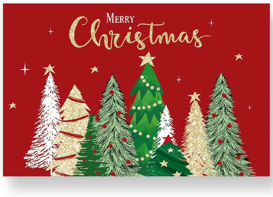 JarThenaAMCS 50 Sheets Merry Christmas Paper Placemats Gold Foil Xmas Pine Tree Red Disposable Table Place Mats for Holiday New Tear Party Decor Supplies, 11 x 17 Inch