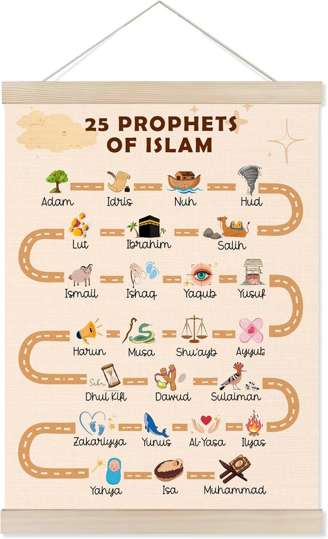 Welshower Islamic Nursery Poster Hanger Frame, 25 Prophets in Islam Arabic Educational Wall Art Prints Decor for Muslim Kids Room Nursery Playroom Classroom, 12x16 Inch