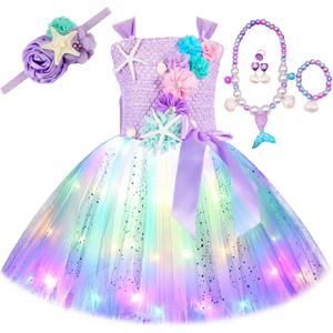 Mermaid Costume for Girls Birthday Party Gifts Halloween Tutu Princess Dress Outfits (7-8 Years, Led Lavender)