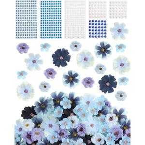 Giegxin 166 Pcs Fake Flowers for Crafts 160 Mini Faux Flower Heads with 6 Pearl Rhinestone Stickers Artificial Fabric Daisy Peony Floral Decor for Craft Garland Wedding Home Decorations(Blue Series)