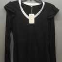 SENFURE Womens Ruffle Long Sleeve Tops Colorblock V-Neck Shirts Casual Slim Fitted Tee Blouse, L, Black