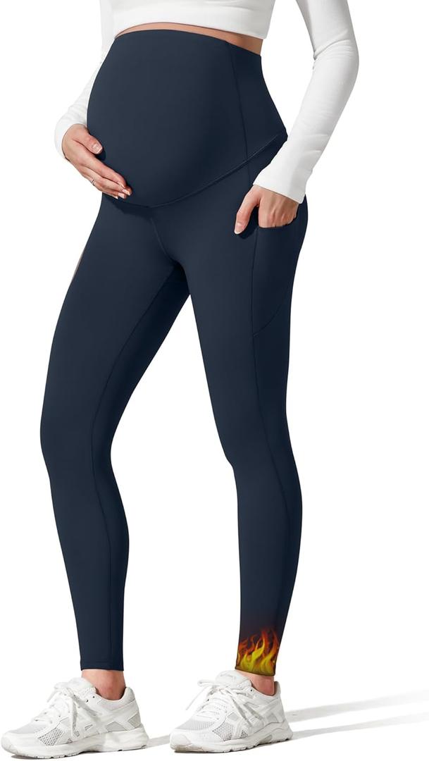 G4Free Barefeel Fleece Lined Maternity Leggings with Pockets Over The Belly Pregnancy Yoga Pants (Large, Dark Navy)
