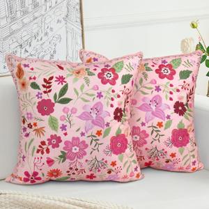 Floral Pillow Covers 18x18 Set of 2,Pink Farmhouse Floral Pillow Covers Decor Double Sided Pattern Cushion Cover Soft Pillow Case for Living Sofa Room Bed Porch Patio Square Pillow Cover