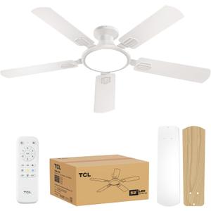 TCL 52" Low Profile Ceiling Fan with Light, Slim, White, Flush Mount, DC Reversible Motor, 6 Speeds, Remote Control, Noiseless, Dimmable, LED Light, 3CCT, Modern Ceiling Fan for Bedroom Living Room