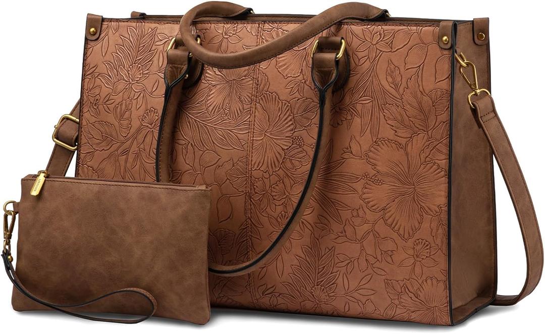LOVEVOOK Laptop Tote Bag for Women, 15.6 Inch Large Capacity Vintage Leather Work Computer Bag, Business Casual Shoulder Handbag, Brown Embossed