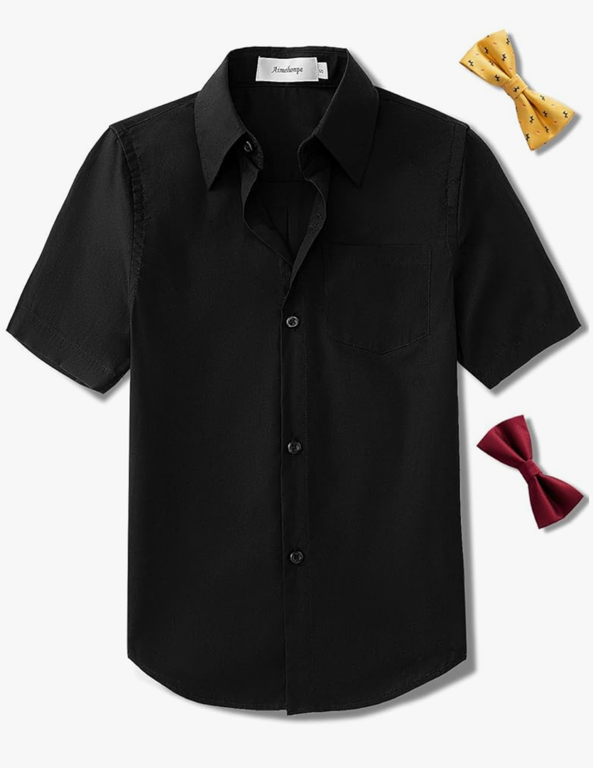 Boys Short Sleeve Dress Shirts Solid Poplin Soft Stretch Fabrics with Two Bow Tie Set, M