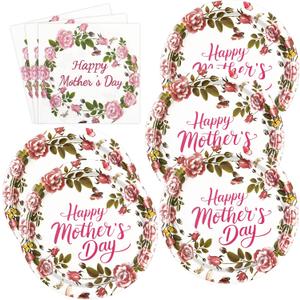 50PCS Happy Mother's Day Paper Plates and Napkins - Pink Floral Dessert Plates and Napkins Disposable Best Mom Ever Theme Supplie for Mother's Day Birthday Party Decorations