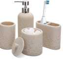 Aksipo Beige Bathroom Accessories Set, 4 Pcs Sturdy Resin Bathroom Accessory Set, Hand Soap Dispenser, Toothbrush Holder Set, Tumbler, Qtip Holder Dispenser, Stylish & Modern Bathroom Decor Set