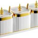 3 Pack Gold Condiment Spice Jars with Lids, Spoons, Tray - Plastic Seasoning Box Set for Salt, Pepper, Sugar - Kitchen Storage