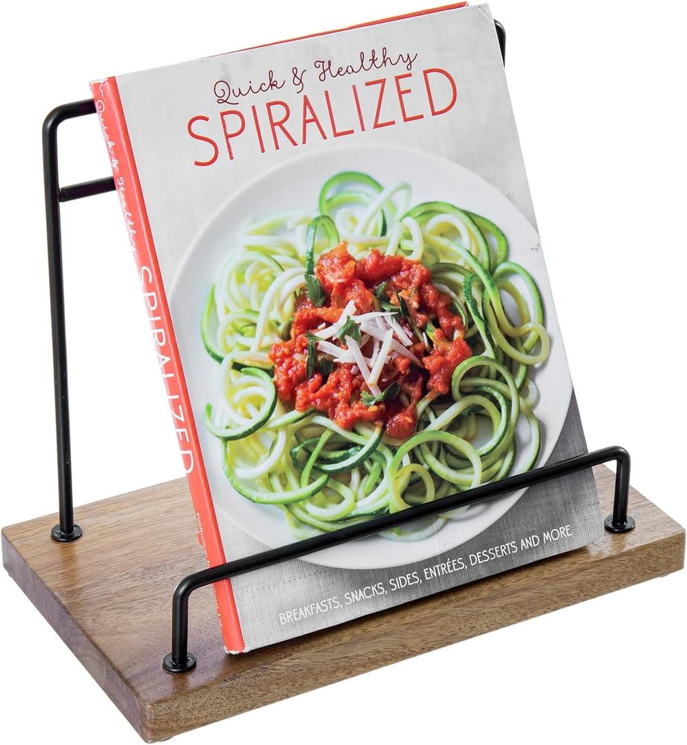 MyGift Premium Acacia Wood and Matte Black Metal Cookbook Stand  Rustic Kitchen Countertop Book Holder Rack for Recipes, Tablets, Cutting Boards