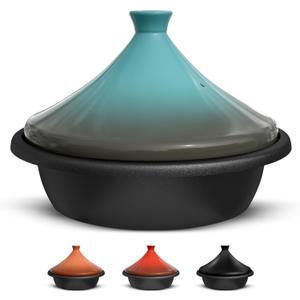 KooK Moroccan Tagine, Enameled Cast Iron Cooking Pot, Tajine with Ceramic Cone-Shaped Closed Lid, 3.3 QT, (Stone Blue)