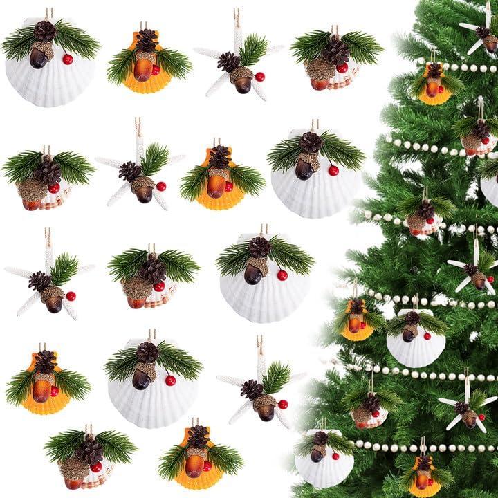 12 Pcs Seashell Starfish Christmas Tree Ornaments, Natural Shells Starfish Hanging Ornaments with Pinecones, Perforation Xmas Sea Shells Starfish Pine Needle Decoration for DIY Craft Beach Home Deocr