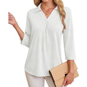 Womens 3 4 Sleeve Blouse Long Sleeve Business Casual Tunic Tops V Neck Work Tops Textured Dressy Casual Shirts (White, L)