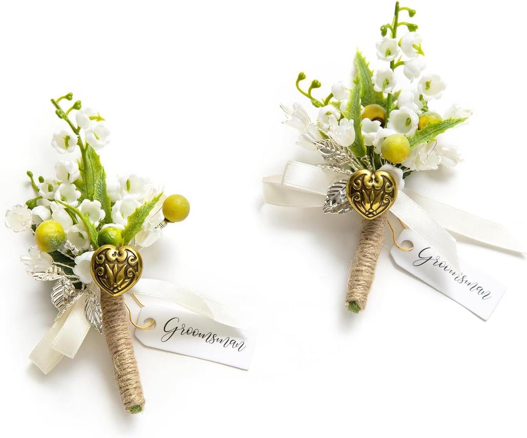 Ling's moment Boutonniere for Men, 2pcs Groom Groomsmen Guest Boutonniere, Artificial Flowers for Wedding/Prom/Homecoming, etc.White Sage