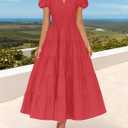 ZESICA Womens Summer Casual Ruched Ruffle Tiered Maxi Dress | Puff Short Sleeve, V Neck, Flowy Dress, Boho Beach Vacation Dress (Red, S)