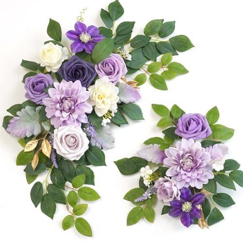 Piklado Wedding Decor Pack of 2 Welcome Sign Flower Backdrop Garland for Ceremony Reception Wall Easel Home Decoration Entryway Faux Outdoor Board Head Table Decor Lilac & Cream
